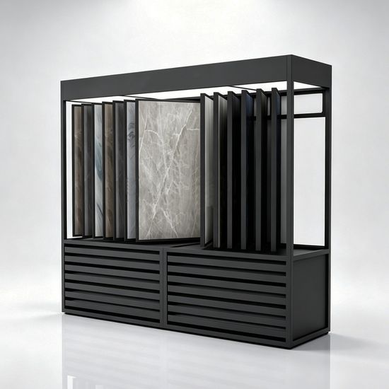 Vertical slot tile sample display cabinet with louvered storage doors