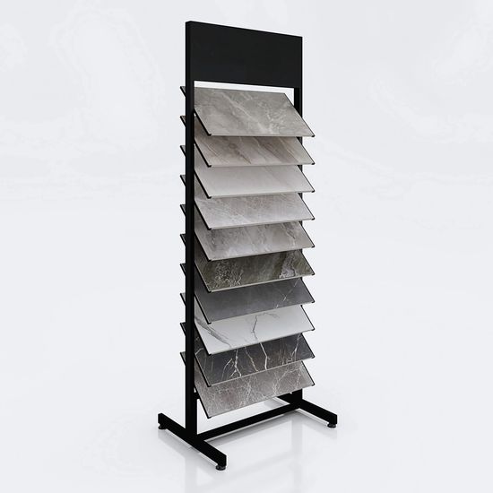 Floor-standing slanted shelf tile sample rack